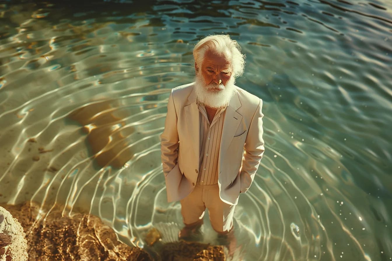 A figure standing in clear shallow water, ringed by quiet ripples